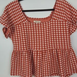 MADEWELL Short Sleeve Gingham Ruffle Sleeve Top Orange and White Size M